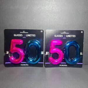 Amscan Set of 2 Adult Novelty Metallic Pink & Blue 50th Birthday Glasses 6 x 4"
